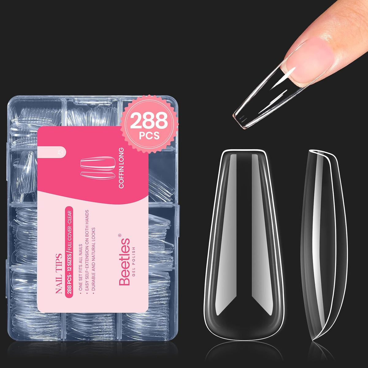 Beetles Gel Nail Tips Long Coffin Pre-Etched Nail Tips, 12 Sizes 288Pcs Pre Shaped Soft Gel Clear