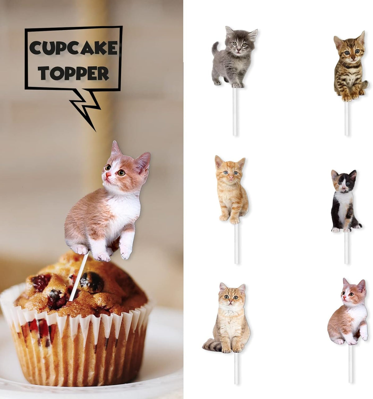 18pcs Glitter Cat Dessert Cupcake Topper Pick for Cute Lovely Cat Theme Decorations Baby Shower