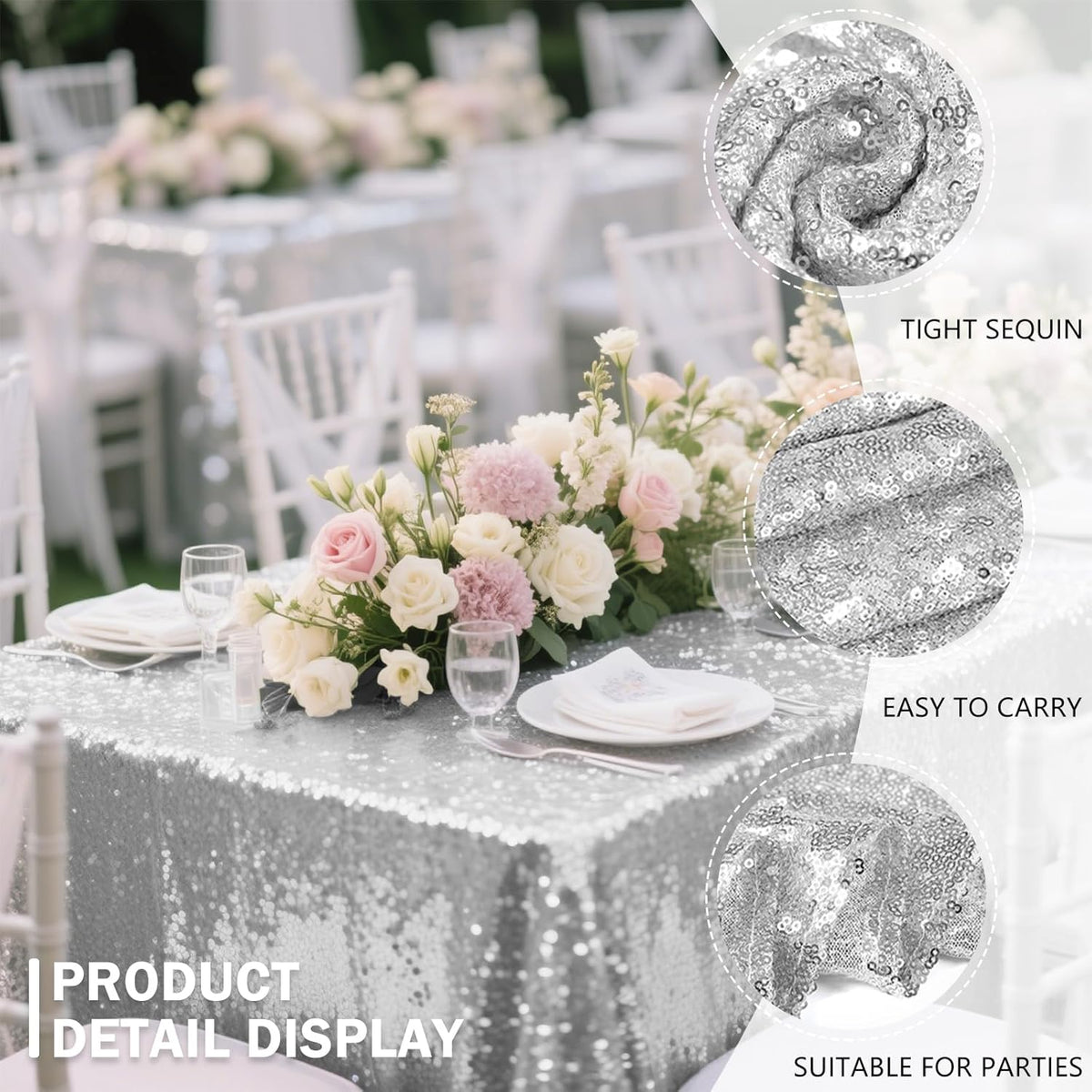 OQSQ Silver Sequins Tablecloth 60x102 inch, Sparkly Glitter Table Cover for Wedding Birthday Party