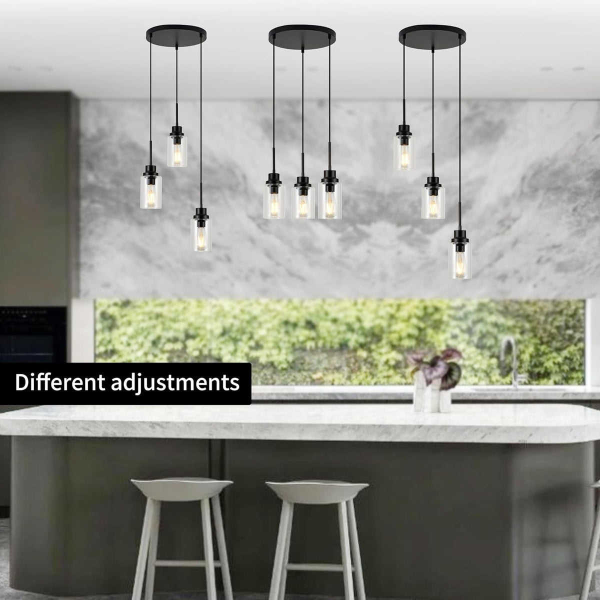 3-Lights Modern Pendant Light Fixtures Black Adjustable Height Ceiling Lights Chandelier with Clear