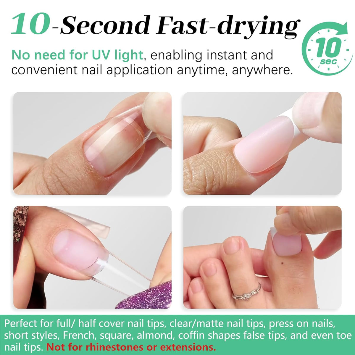 Nail Glue for Press Ons, 10s Fast-Drying No U V Light Needed - Upgrade Super Strong Semi Solid Nail
