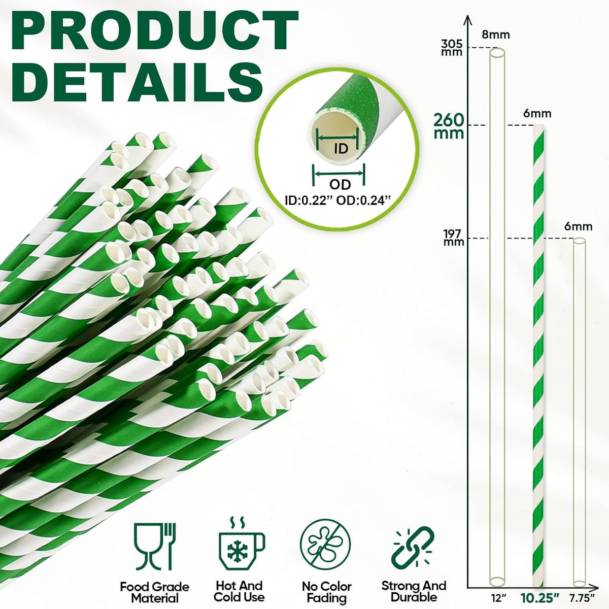 Eco-friendly 10.25 Inch Long Disposable Paper Drinking Straws 6mm Wide [100 Pack] - Green/White
