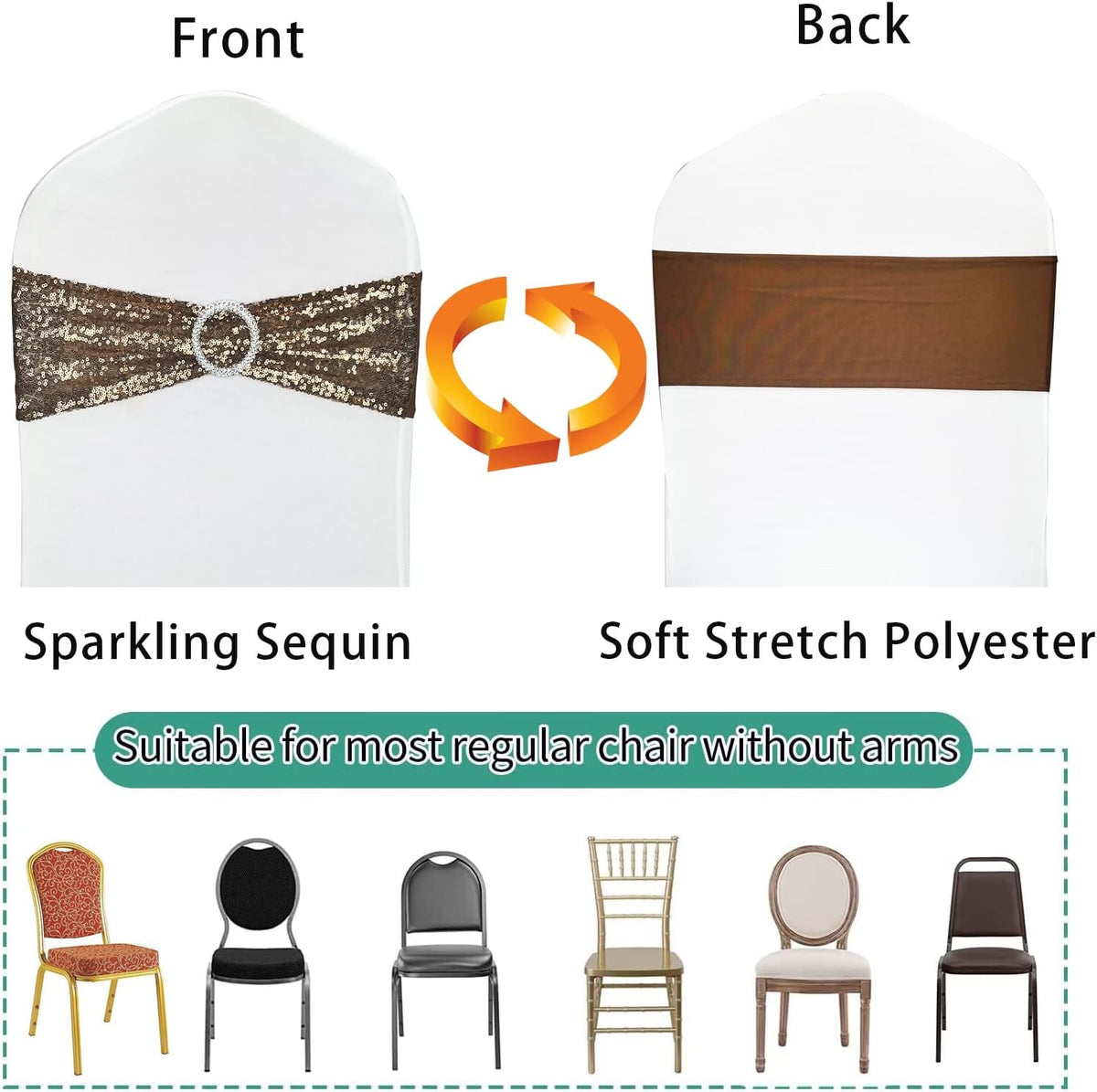 25 Pcs Chair Sashes Sequin Stretch Chair Bands Spandex Polyester Bows for Party Hotel Wedding