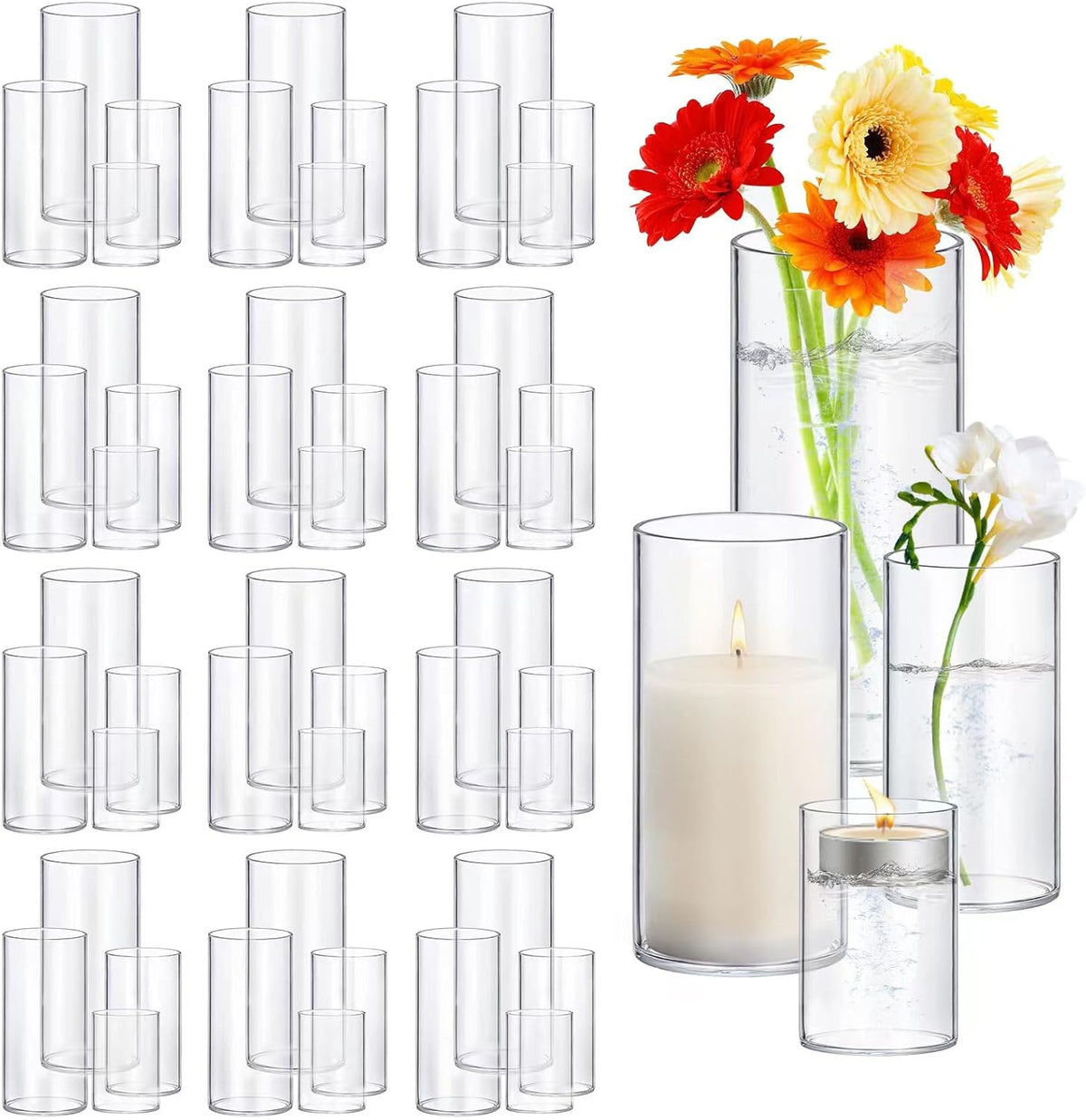 48 Pack Thick Glass Cylinder Vases 4,6,9,12 Inch Tall Clear Flower Vase Hurricane Floating Candle