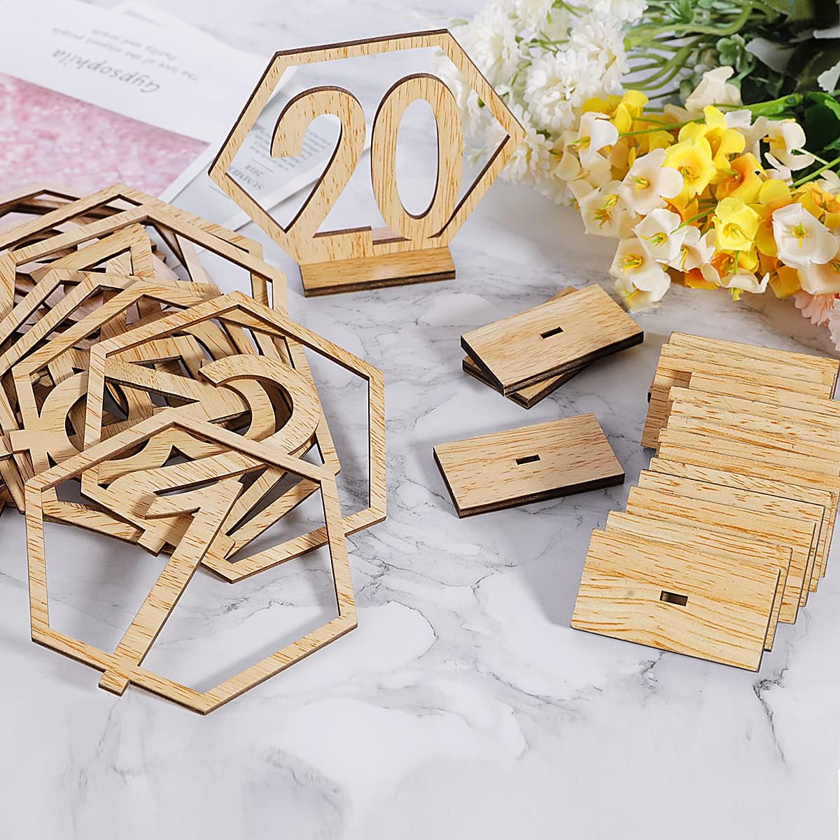 Wooden Table Numbers, Hexagon Shape 1-20 Wedding Table Numbers with Holder Base Rustic Hollow Out
