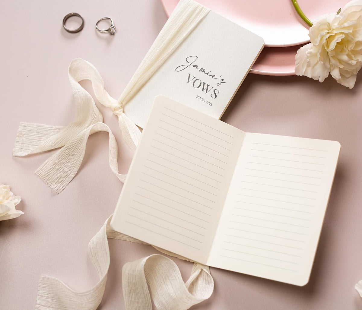 Modern Album Designs Set of Custom Slim White Vow Books w/Ribbon (Set of 2) - 5.625 x 4 Minimalist