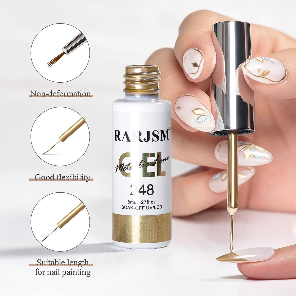 RARJSM Metallic Nail Art Gel Liner Bronze Gold Mirror Chrome 3D Effect Gel Nail Polish 8ml Build in