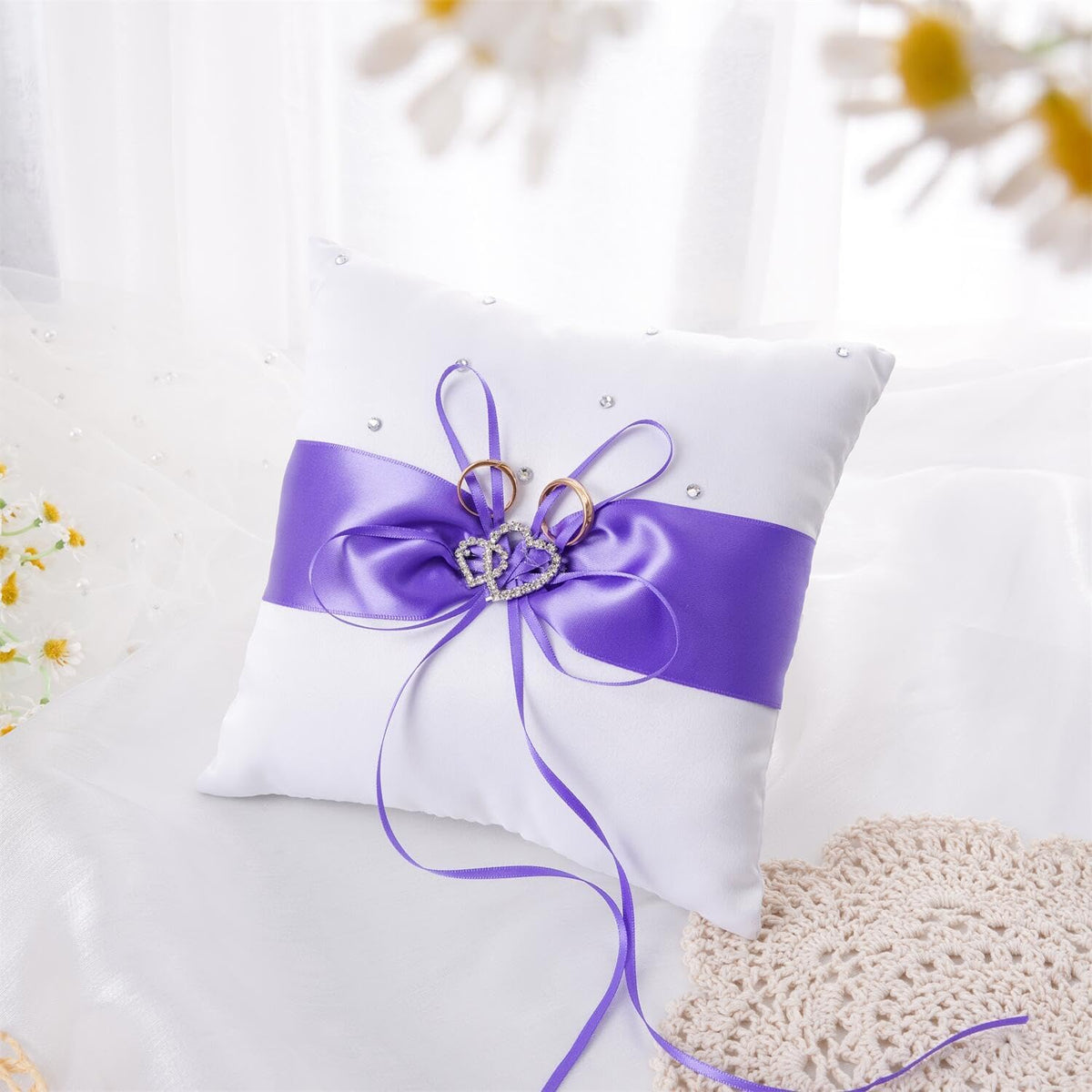QIRMIZI Wedding Ring Pillow and Flower Girl Basket Set – Adorned with Pearl Rhinestones, White
