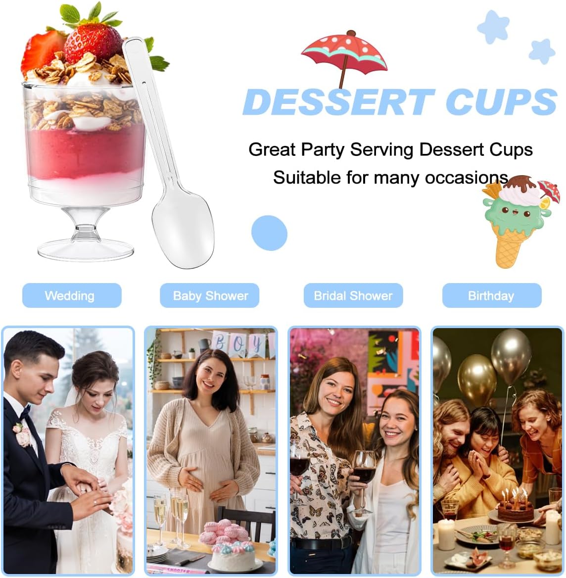 200 Pack Dessert Cups with Spoons,5Oz Clear Plastic Parfait Cup,Disposable Appetizer Cups Mini