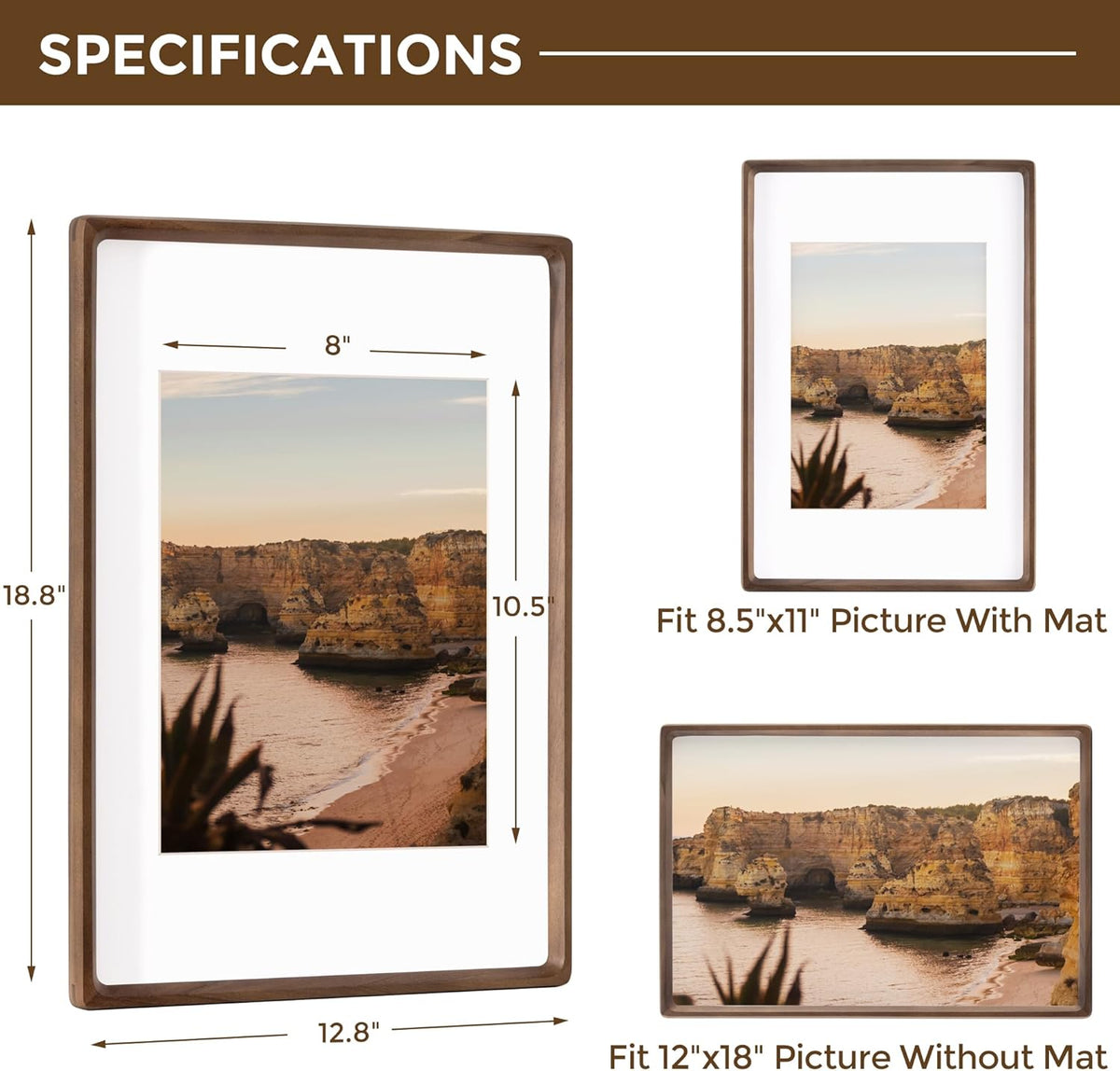 12x18 Frame USA-Sourced Natural Walnut Wood Solid Wood Photo Frame Handcrafted Rounded Corner with