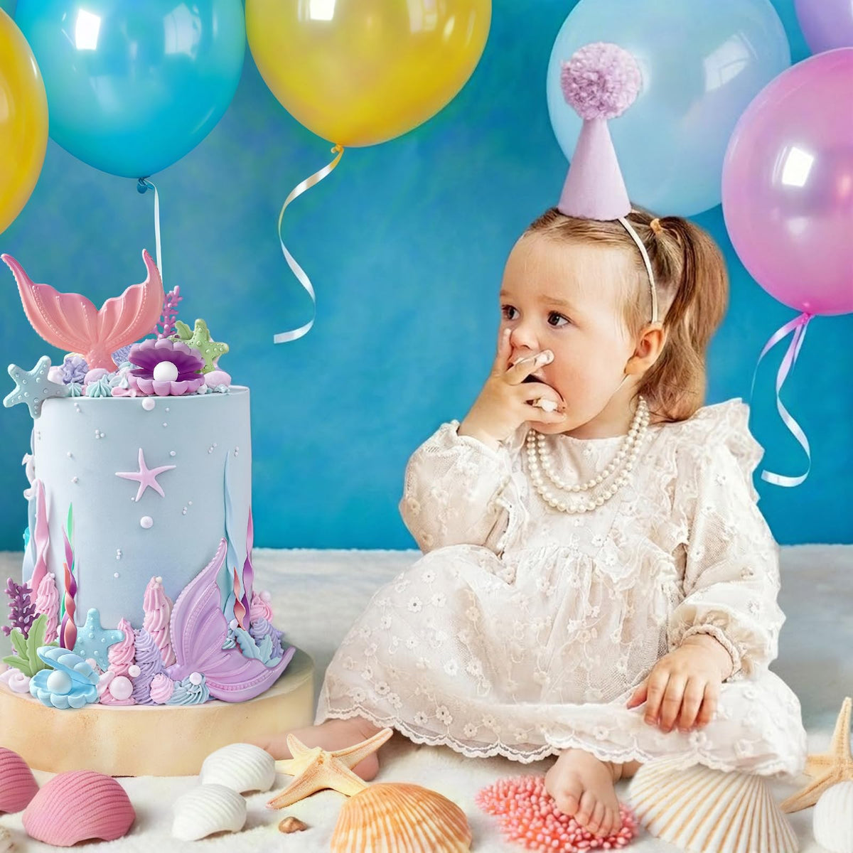21pcs Mermaid Cake Topper - Mermaid Tail Cake Decorations with Seaweed Shells Starfish Coralal