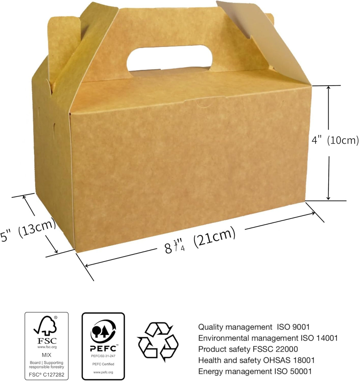 PandaPandaPPS 50 Pack Brown Gable Boxes (8.25"×5"×4") for Foods, Gifts and Party Favors, Treat