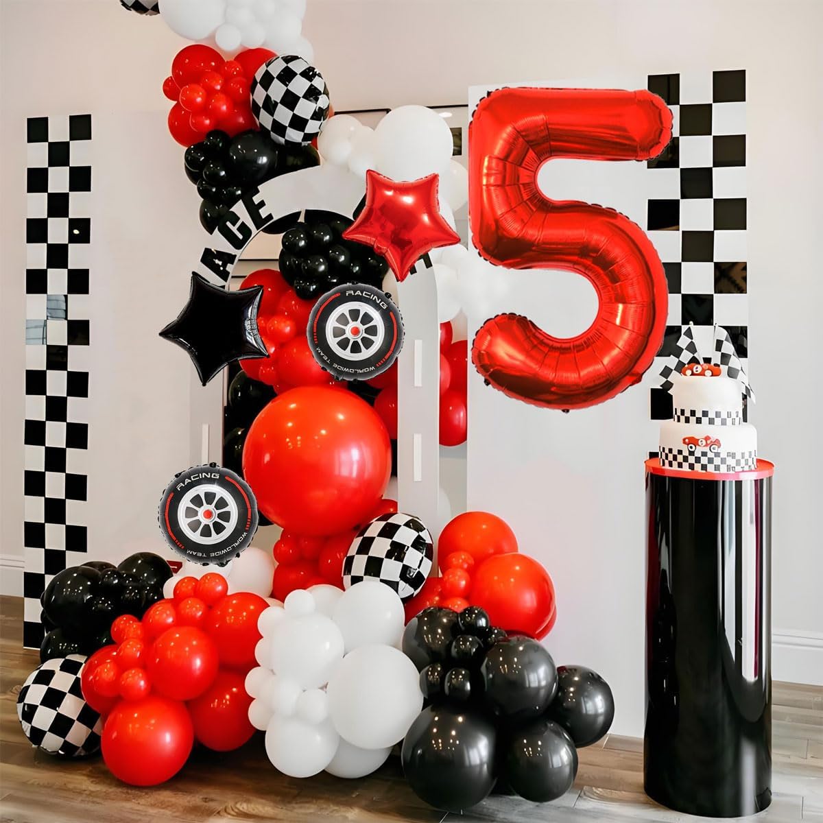 Race Car Birthday Party Decorations - 40 Inch Mylar Red Number 5 Balloons - Black Foil Checkered