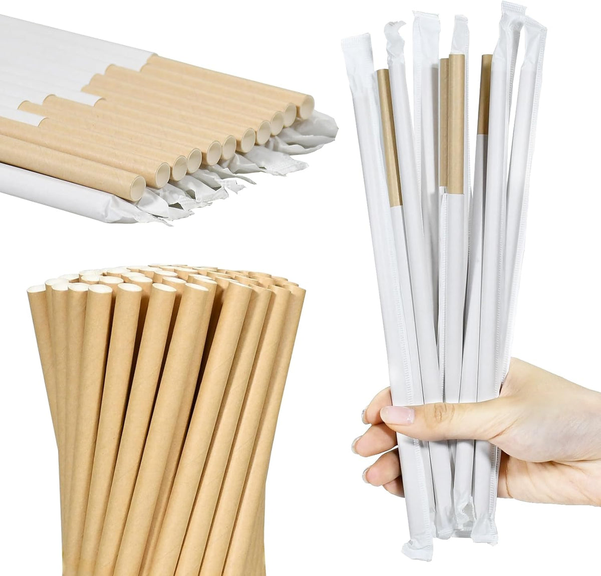 9'' x 0.31'' Giant Paper Drinking Straws Individually Wrapped 300 Counts, Dye-free Brown Kraft - 4
