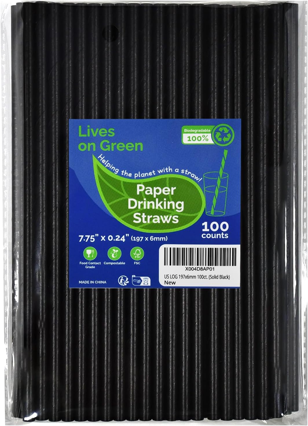 Disposable Black Paper Drinking Straws - 100 Counts, 7.75'' x 0.24'' - for Cocktaill, Coffee