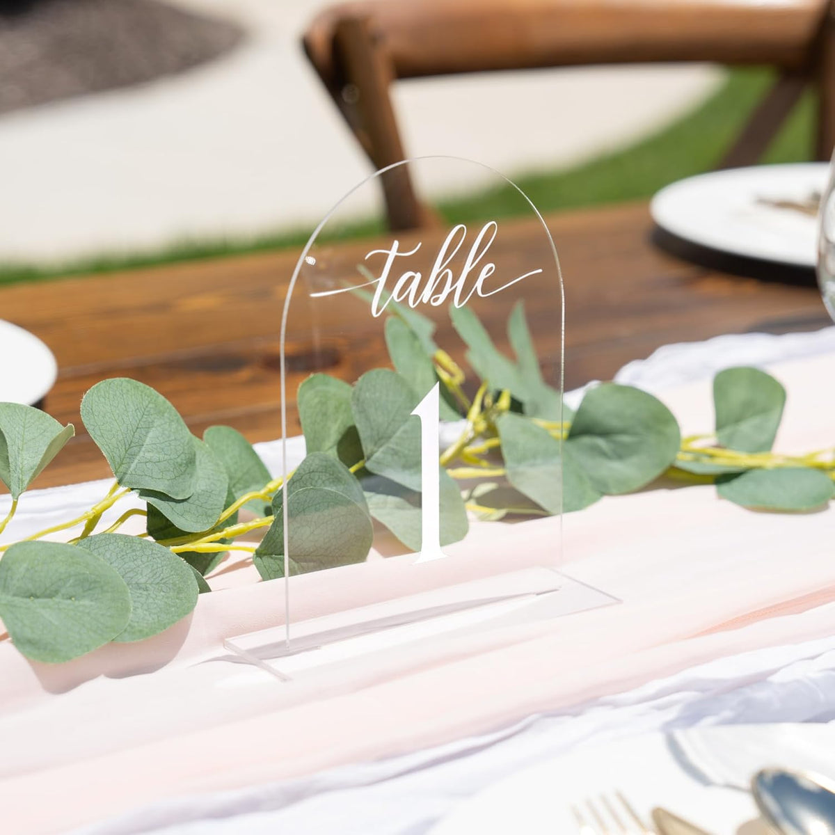 Clear Arch Acrylic Table Numbers for Wedding Reception - 5" x 7" White Font Centerpiece Set with