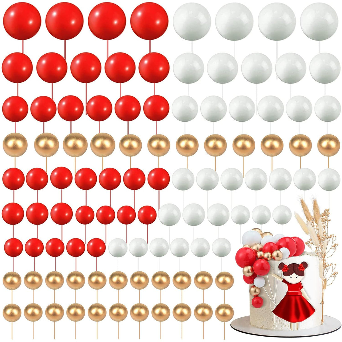 108 Pcs Balls Cake Topper DIY Cupcake Insert Foam Balloons for Cake Baking Wedding Anniversary
