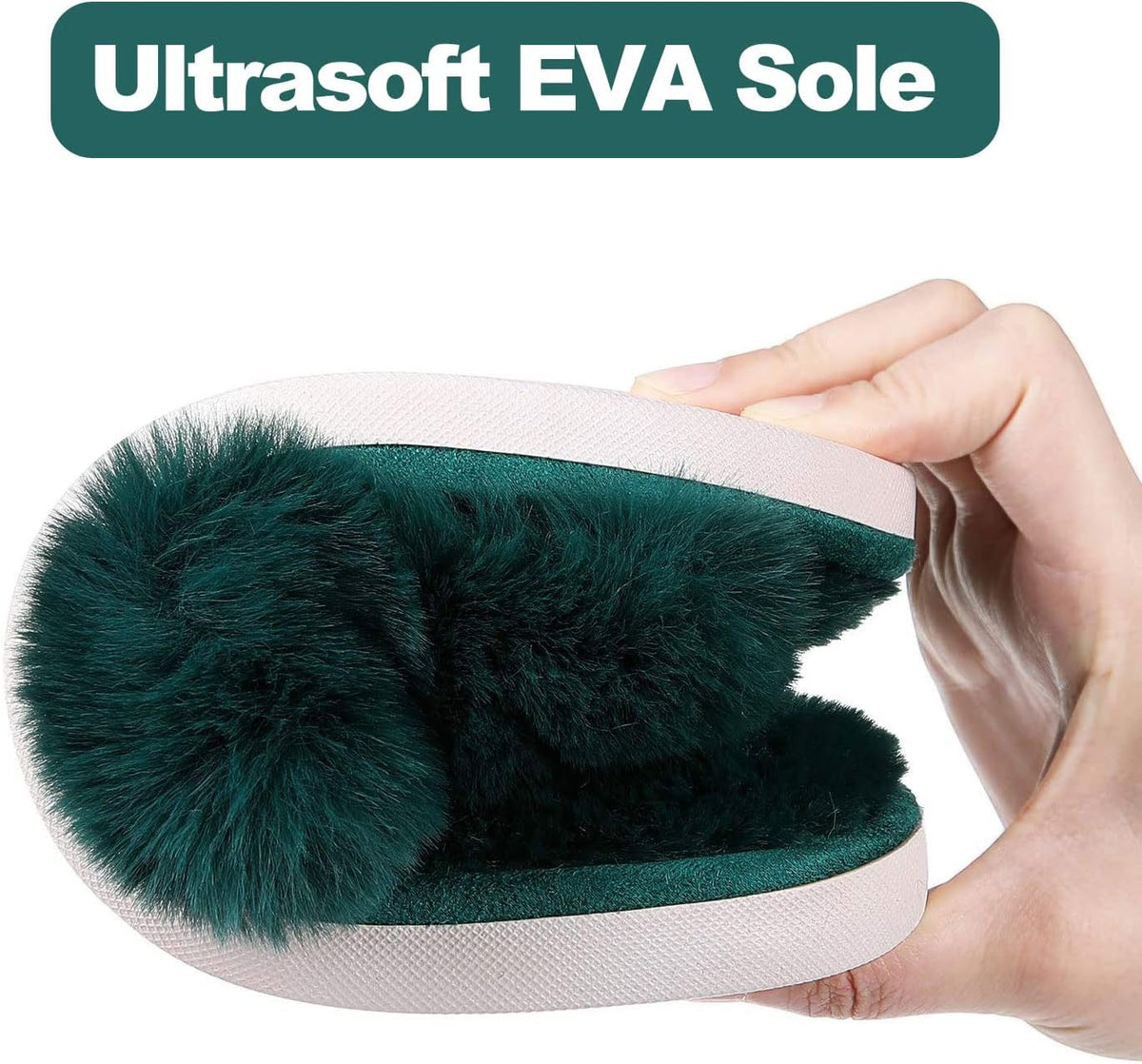 Evshine Women's Fuzzy Slippers Cross Band Memory Foam House Slippers Open Toe