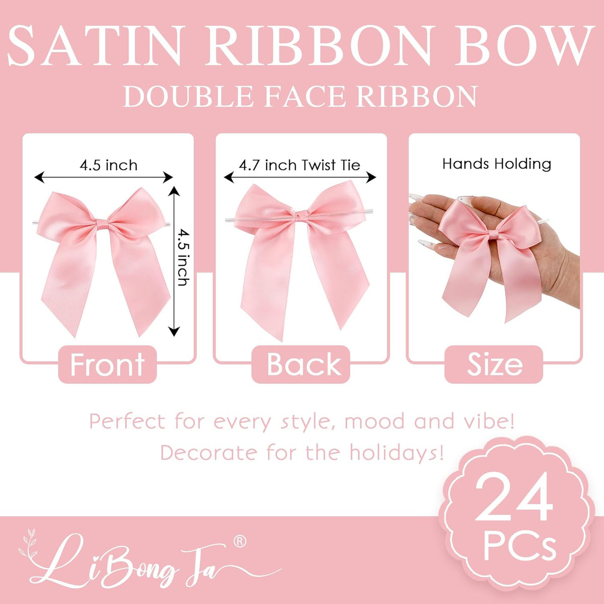 4.5" Satin Ribbon Pink Bows for Gift Wrapping, Twist Tie Bows, Cute Bows for Crafts, Party Favors