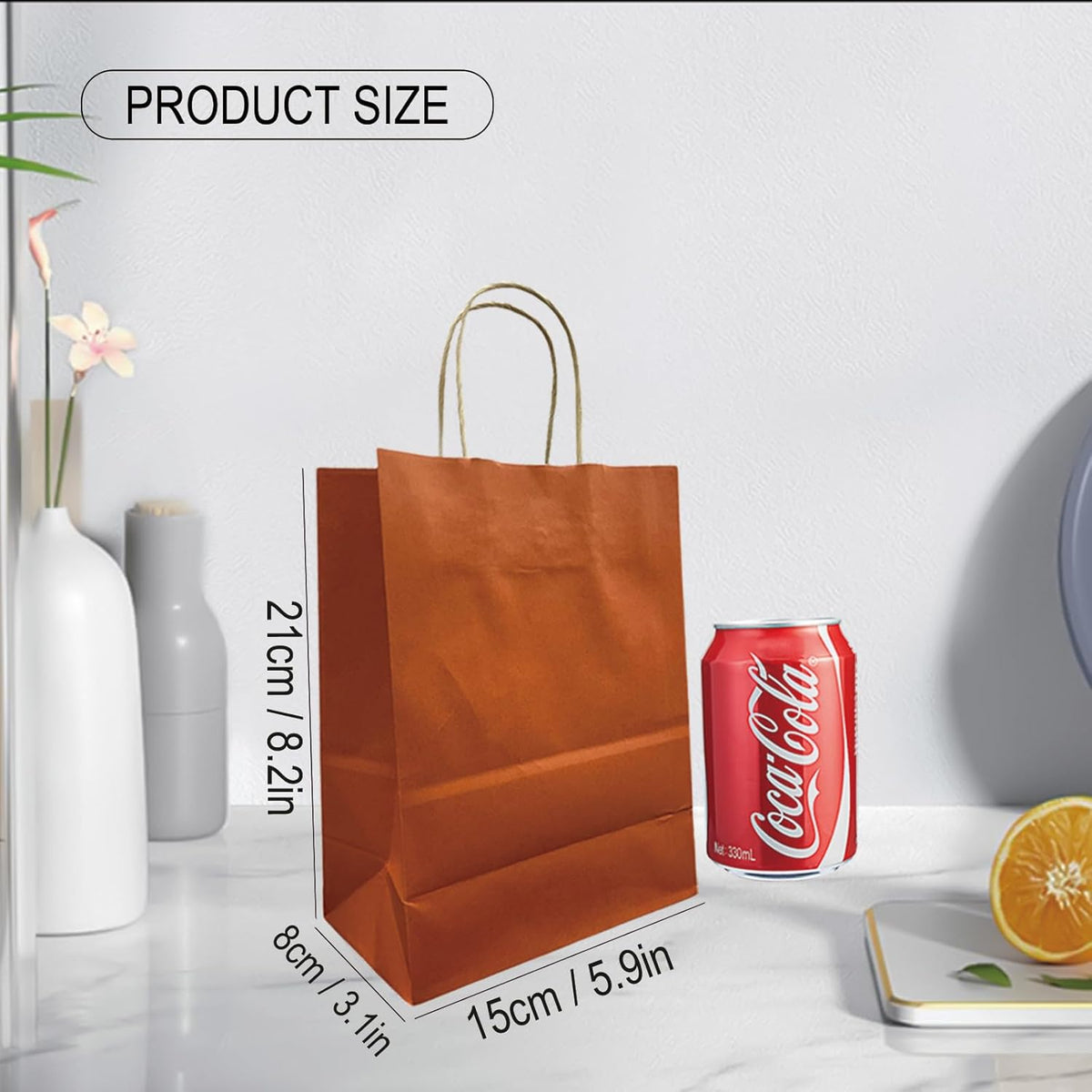 BAG BOX 25 Pack Small 5.9x3.1x8.25 Inch Orange Kraft Paper Gift Bags with Handles for Bulk