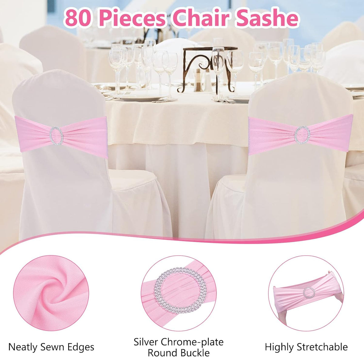 CHENGU 150 Pieces Spandex Stretch Chair Sashes Bows Elastic Chair Cover Bands Ties with Buckle
