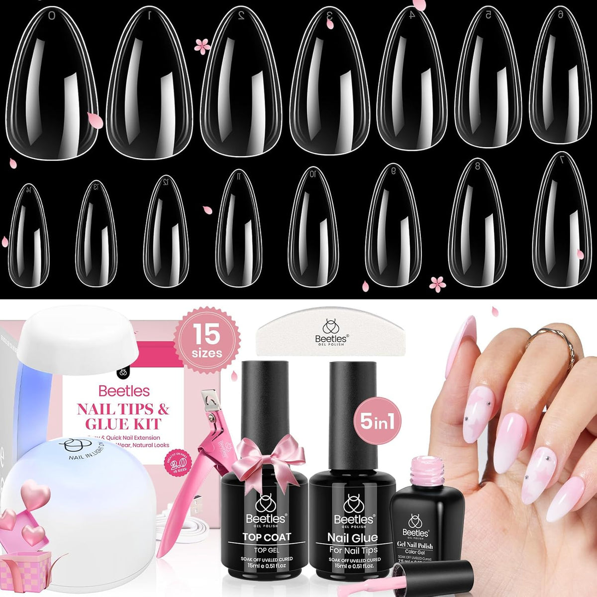 Beetles Gel Nail Kit Clear, Almond Medium, 600pcs 15 Sizes, with Pink Color Gel Top Coat 9 in 1