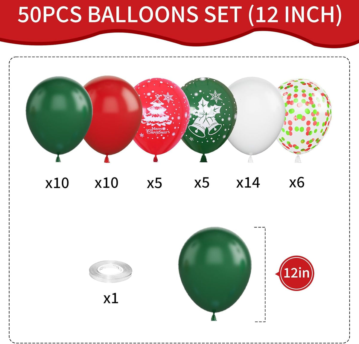 Christmas Balloons, 12 Inch Green Red White Xmax Balloons with Deer Christmas Tree Printed Balloons