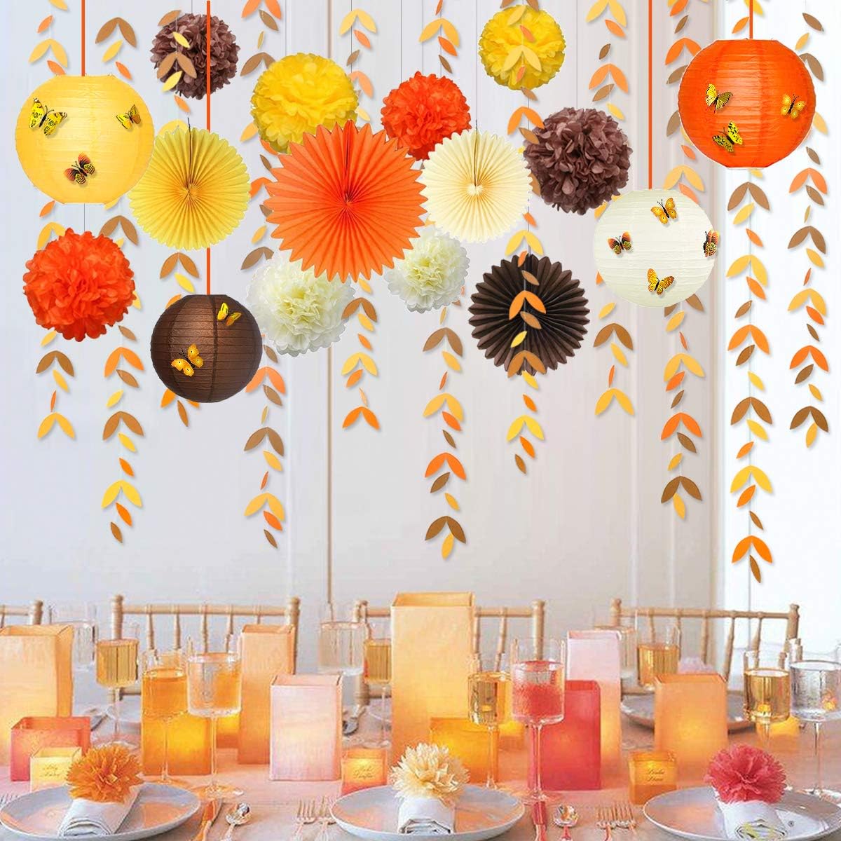 Fall Party Decorations Kit Yellow Orange Brown Paper Hanging Fans Lantern Flowers Pom Pom with 3D