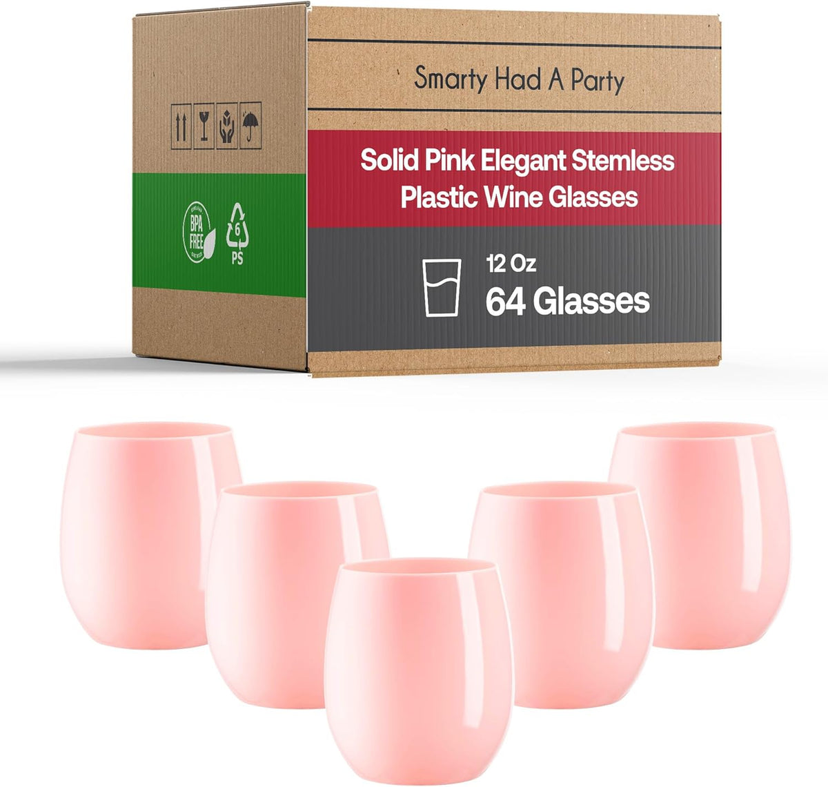 Smarty Had A Party 64 Glasses 12 oz. Solid Pink Elegant Stemless Plastic Wine Glasses, Disposable