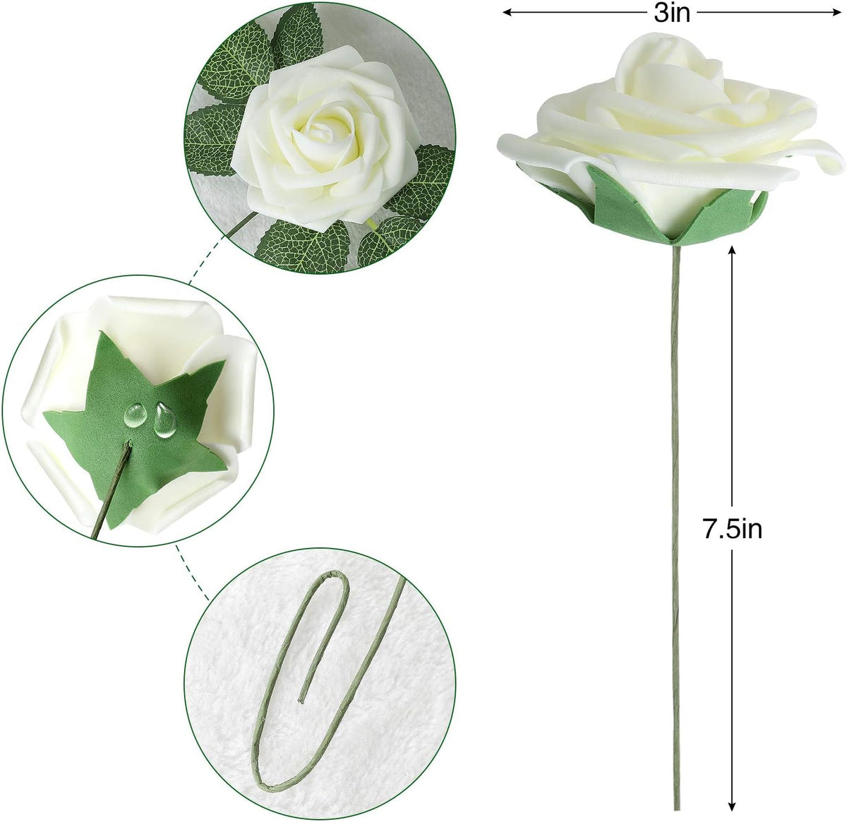 AmyHomie Artificial Flower Ivory Rose 25pcs Real Looking Fake Roses w/Stem for DIY Wedding Bouquets