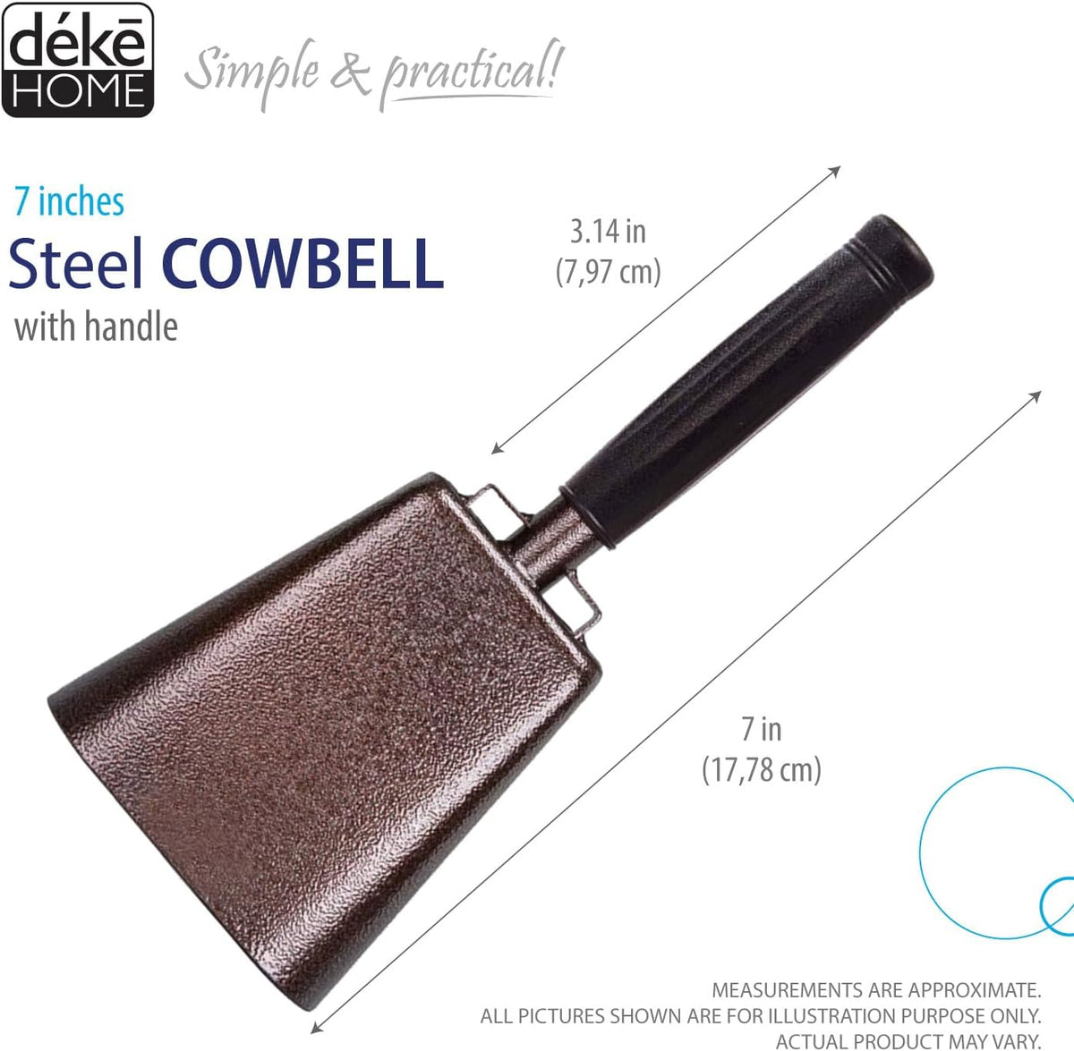 Deke Home - 2 Pack 7 Inch Steel Cowbells with Handle, Loud Noise Makers for Football, Sports