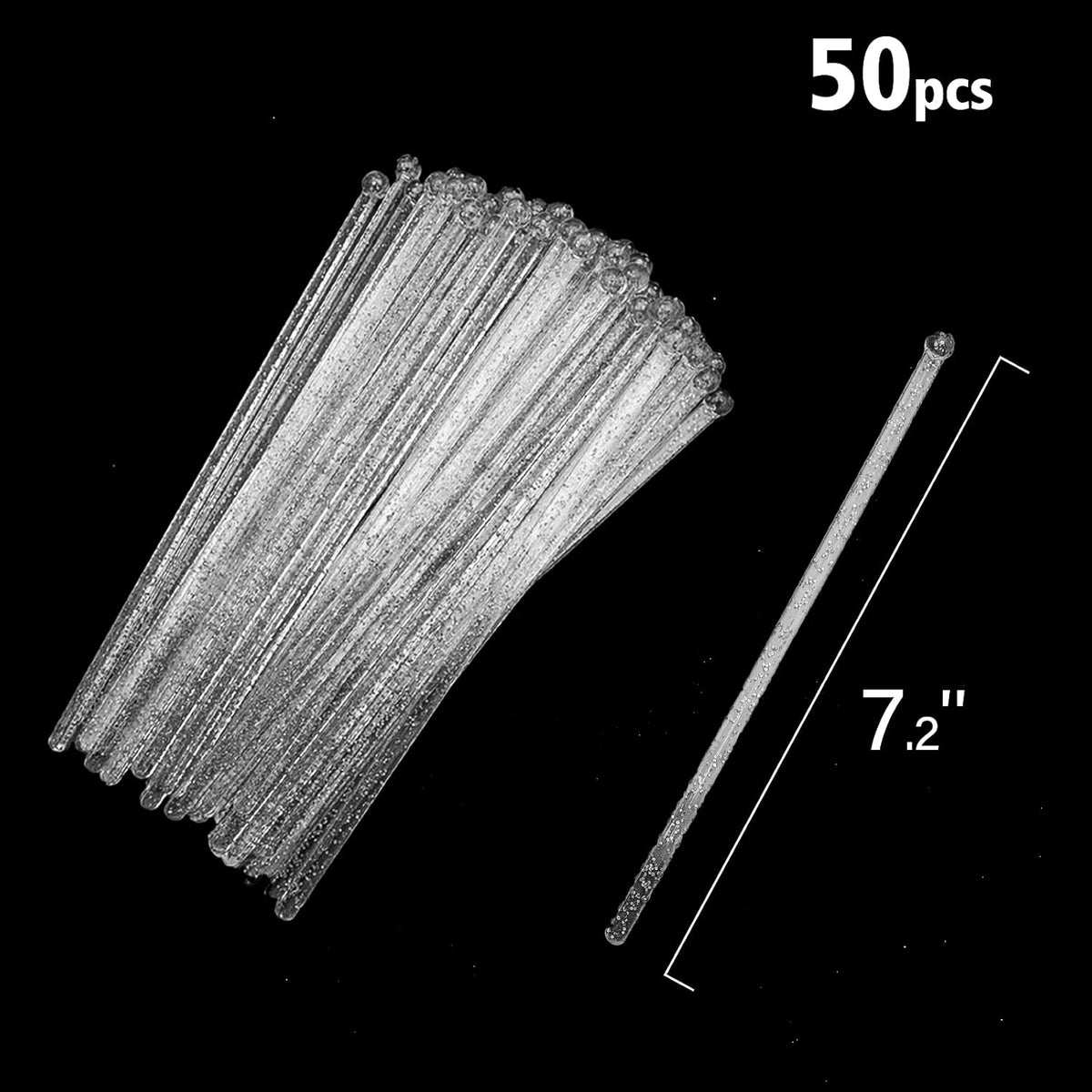 50-PCS Silver Glitter Plastic Swizzle Sticks, Crystal Cake Pops, Cocktail Coffee Drink Stirrers