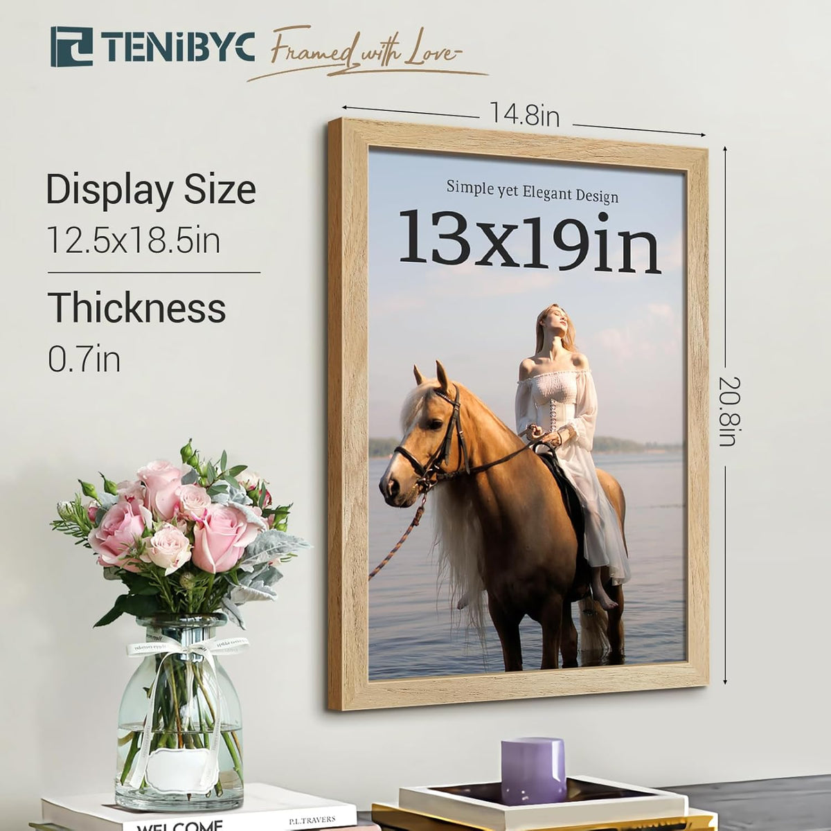 13x19 Picture Frame 4 Pack, Textured Elegant Natural Solid Wood & HD Tempered Glass, Gallery Poster