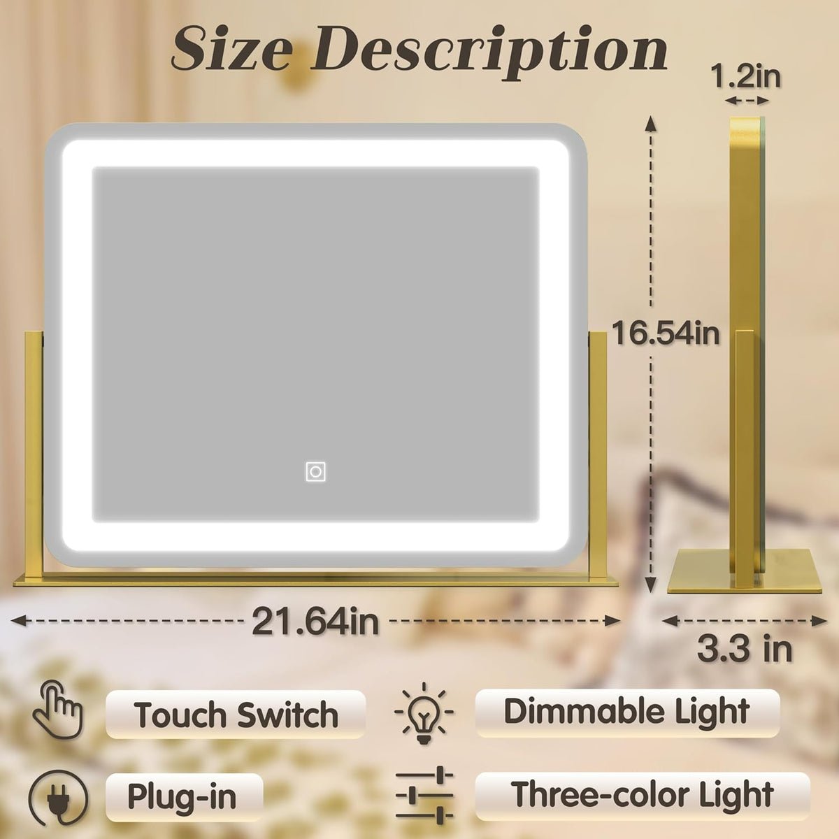 Gold Vanity Mirror with Lights - Smart Touch Dimming, 3-Color Lighting, 360° Rotatable Desktop