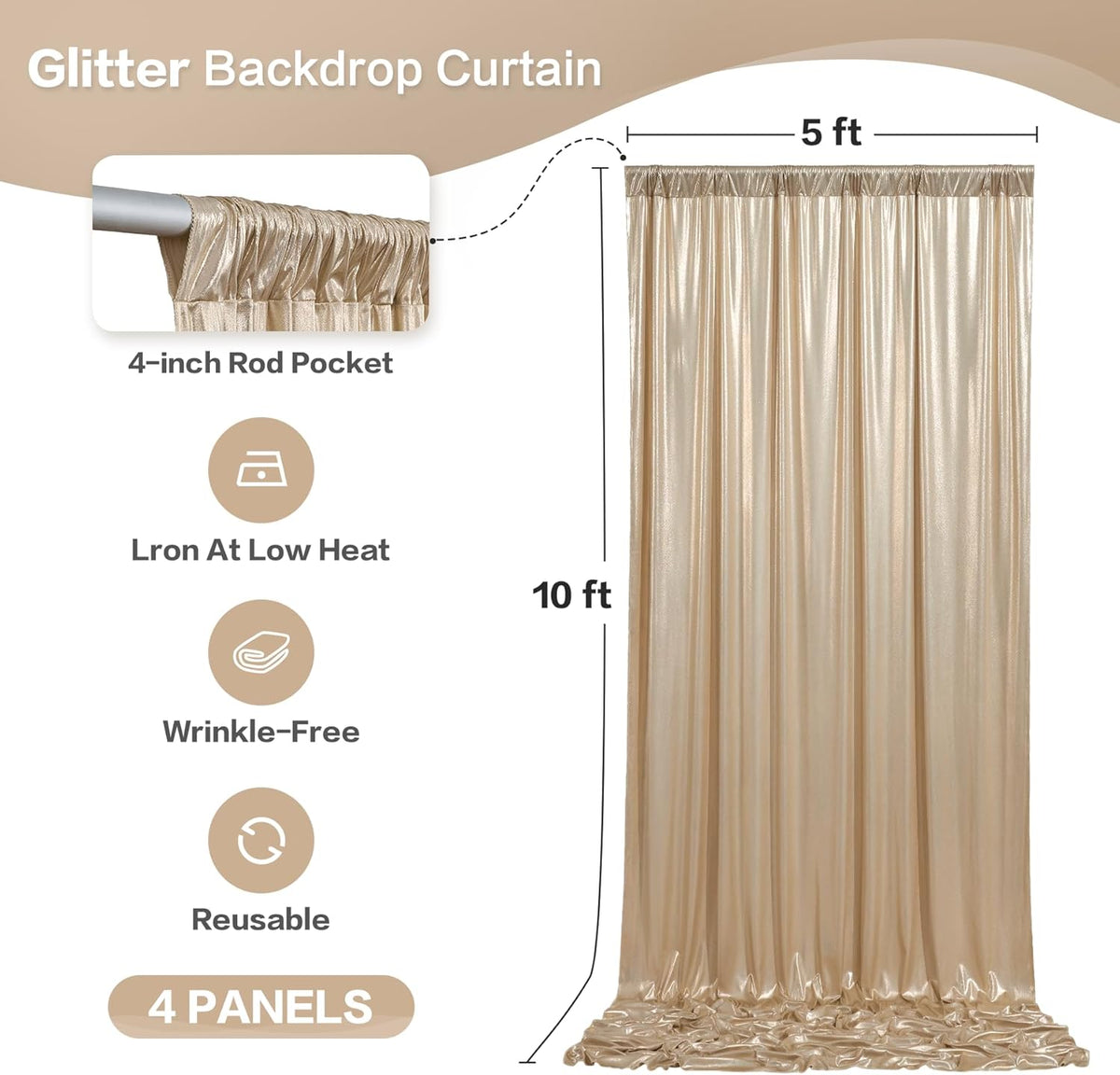 gogoparti 20x10FT Champagne Gold Sequin Backdrop Curtain - 4 Panels of 5x10FT Wrinkle-Free Glitter