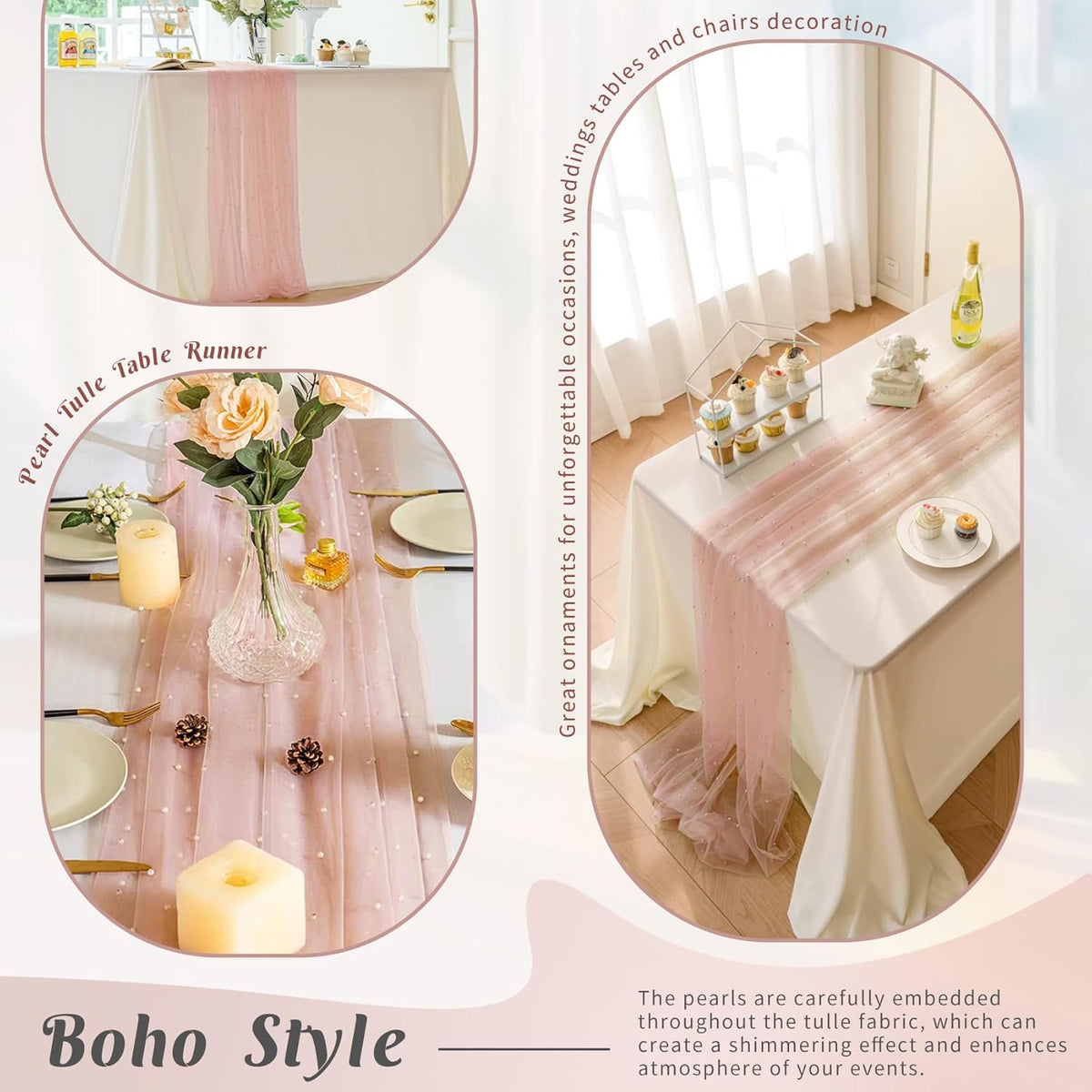Pearl Table Runner 29 x 120 Inch Tulle Fabric Lace Table Runners Boho Rustic Tablecloth for Bridal