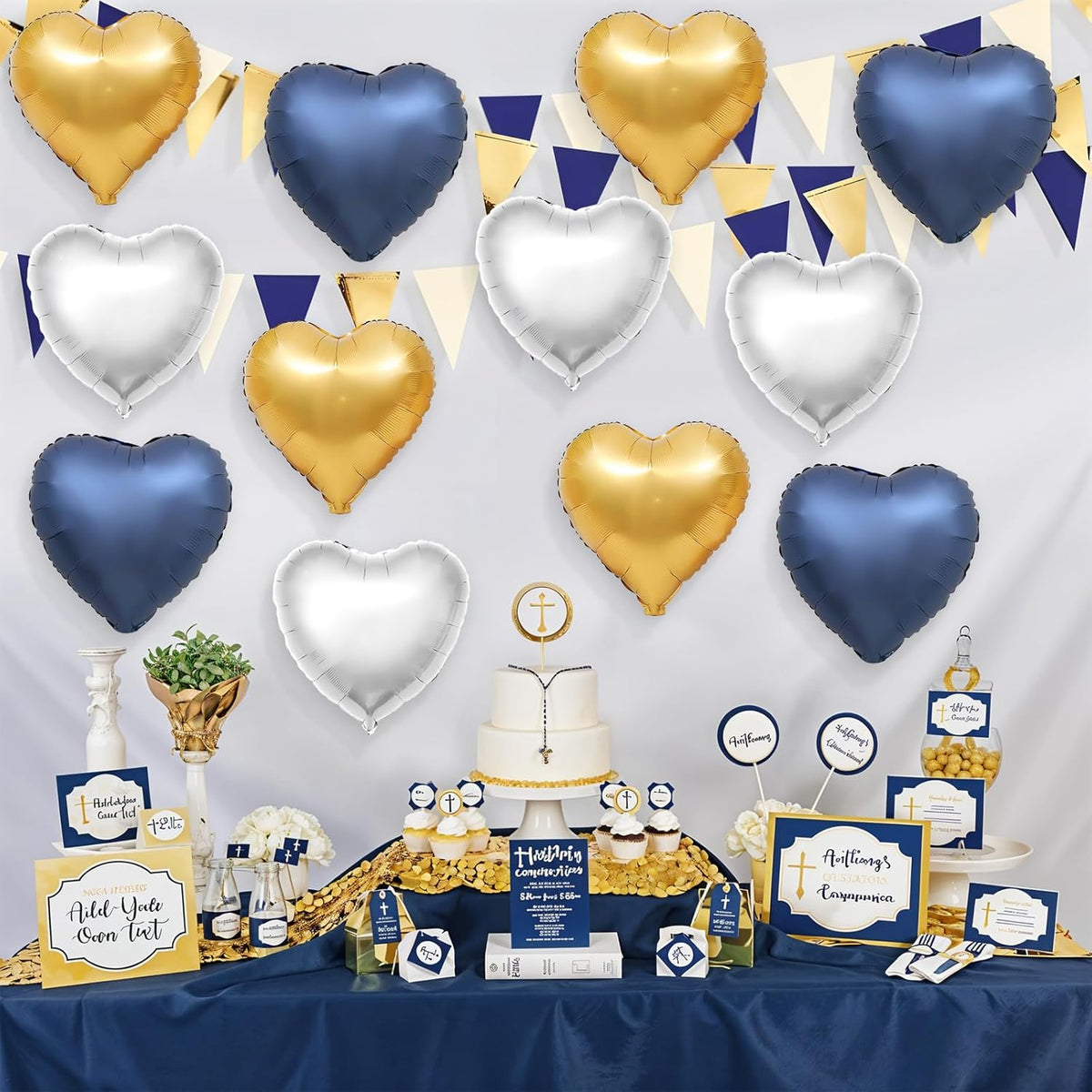 Blue Gold Silver Heart Balloons,12Pcs 18Inch Metallic Blue Gold Silver Heart Shaped Foil Helium