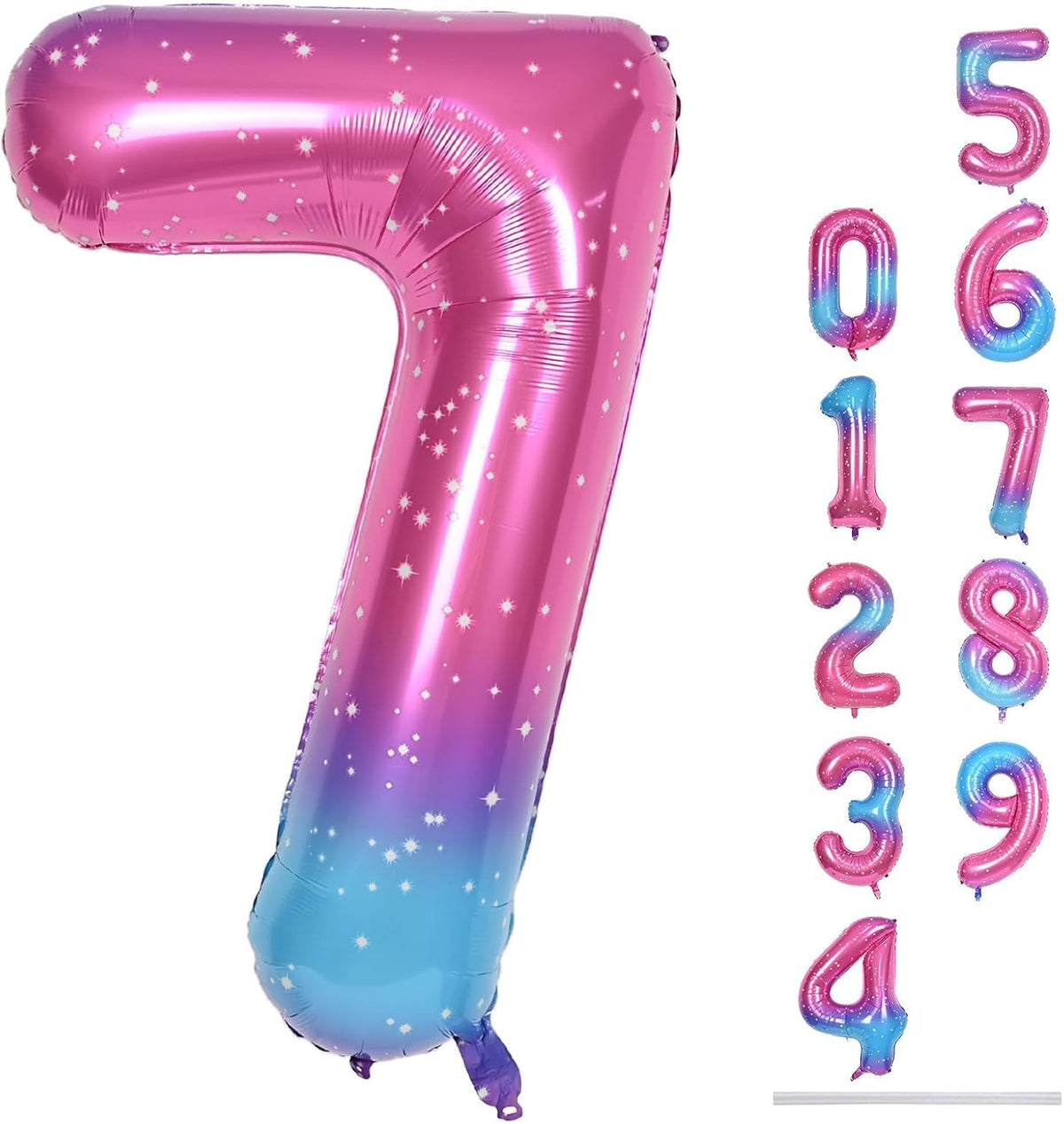40'' Rainbow Number 7 Balloons, Giant Self Inflating Gradient Blue Pink Foil Number Balloons Set