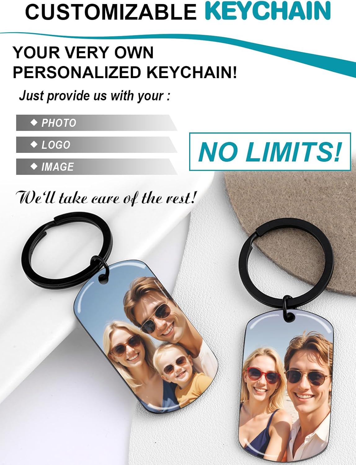 Custom Keychain with Picture - Personalized Photo LOGO Text Customized Key Chain for Boyfriend Dad