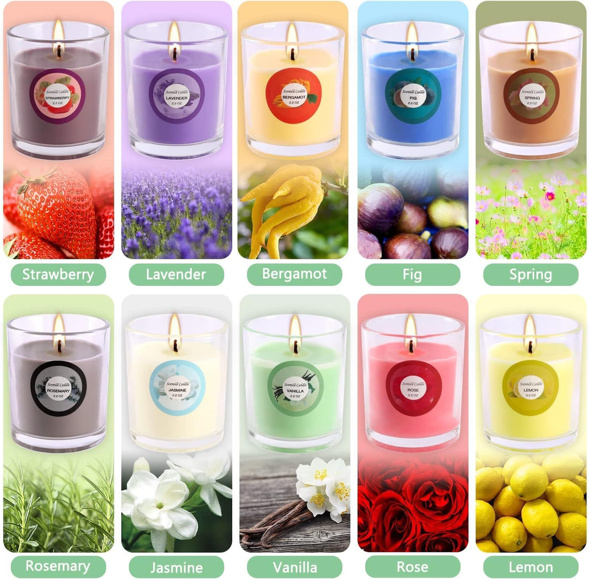 Scented Candles, Jasmine, Rose, Vanilla, Bergamot, fig, Lavender, Lemon, Spring,Strawberry