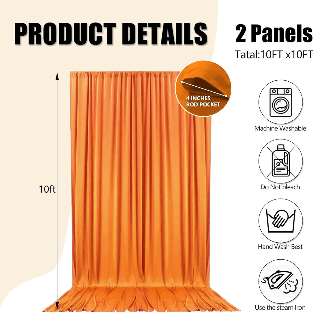 10ft x 10ft Orange Yellow Backdrop Curtains for Parties, Fabric Satin Background Curtain with Rod