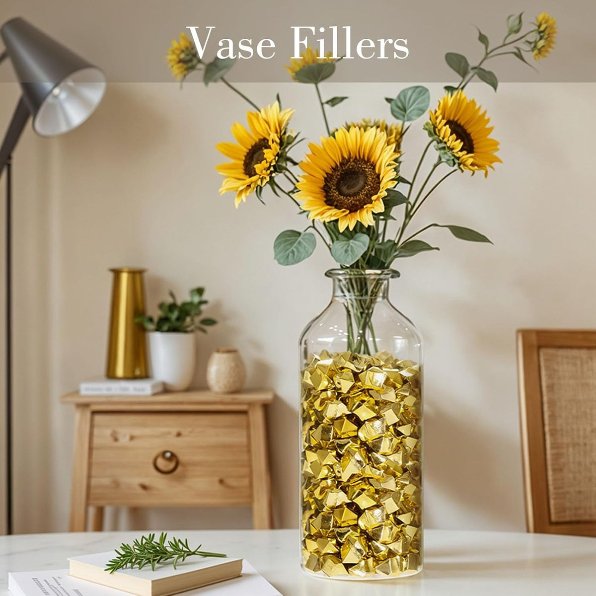 DomeStar 150PCS Fake Gold Ice, Acrylic Ice Fake Plastic Gold Nuggets Rocks Gems Marble Vases