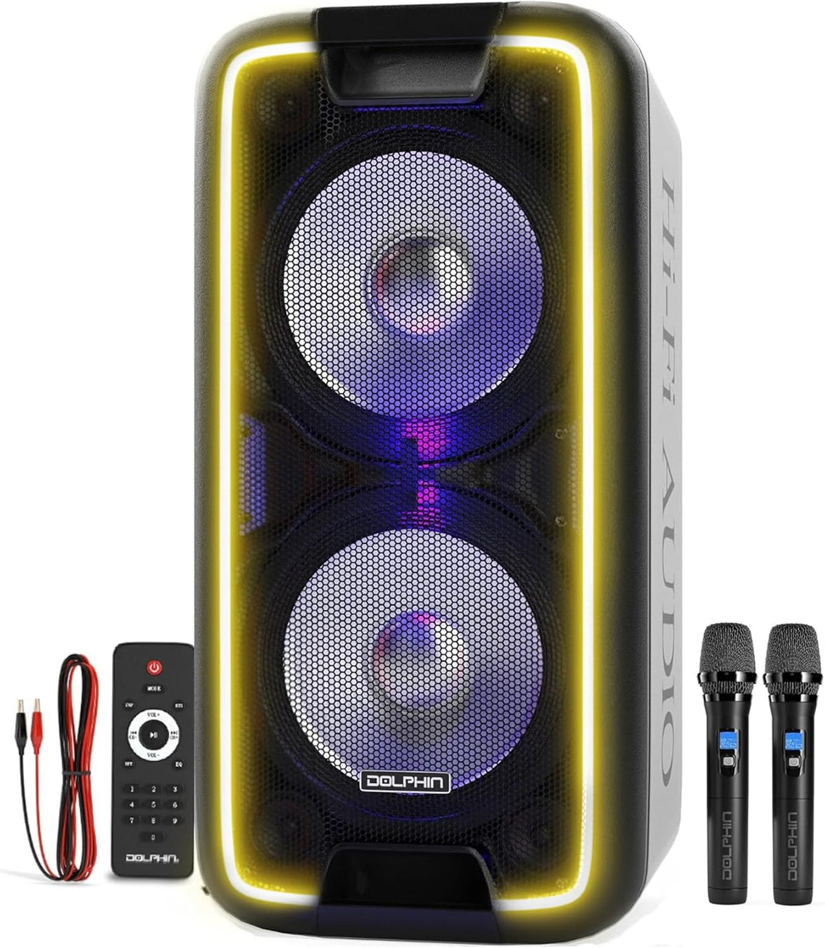 Dolphin 1000W Karaoke Party Speaker with 2 Wireless Microphones, Bluetooth, LED Lights, Tailgate