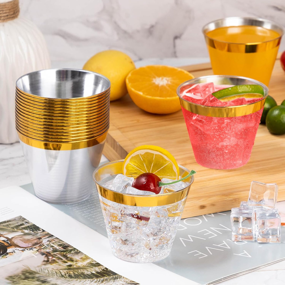 Goodluck 200PCS 9oz Gold Plastic Cups for Party, Disposable Gold Rim Cups, Plastic Cocktail Glasses