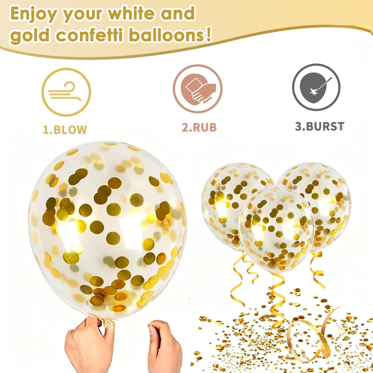 White and Gold Confetti Balloons, 50pcs 12 Inch Metallic Champagne Gold Latex Balloons Matte Sand
