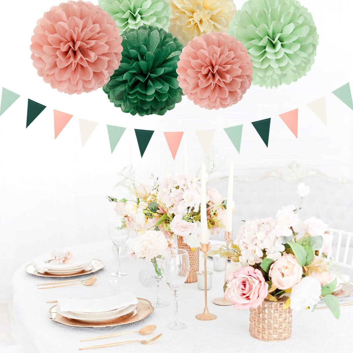 Sage-Olive Green Pink-Beige Boho Party Decorations -23pcs Rustic Neutral Wedding Paper Tissue Pom
