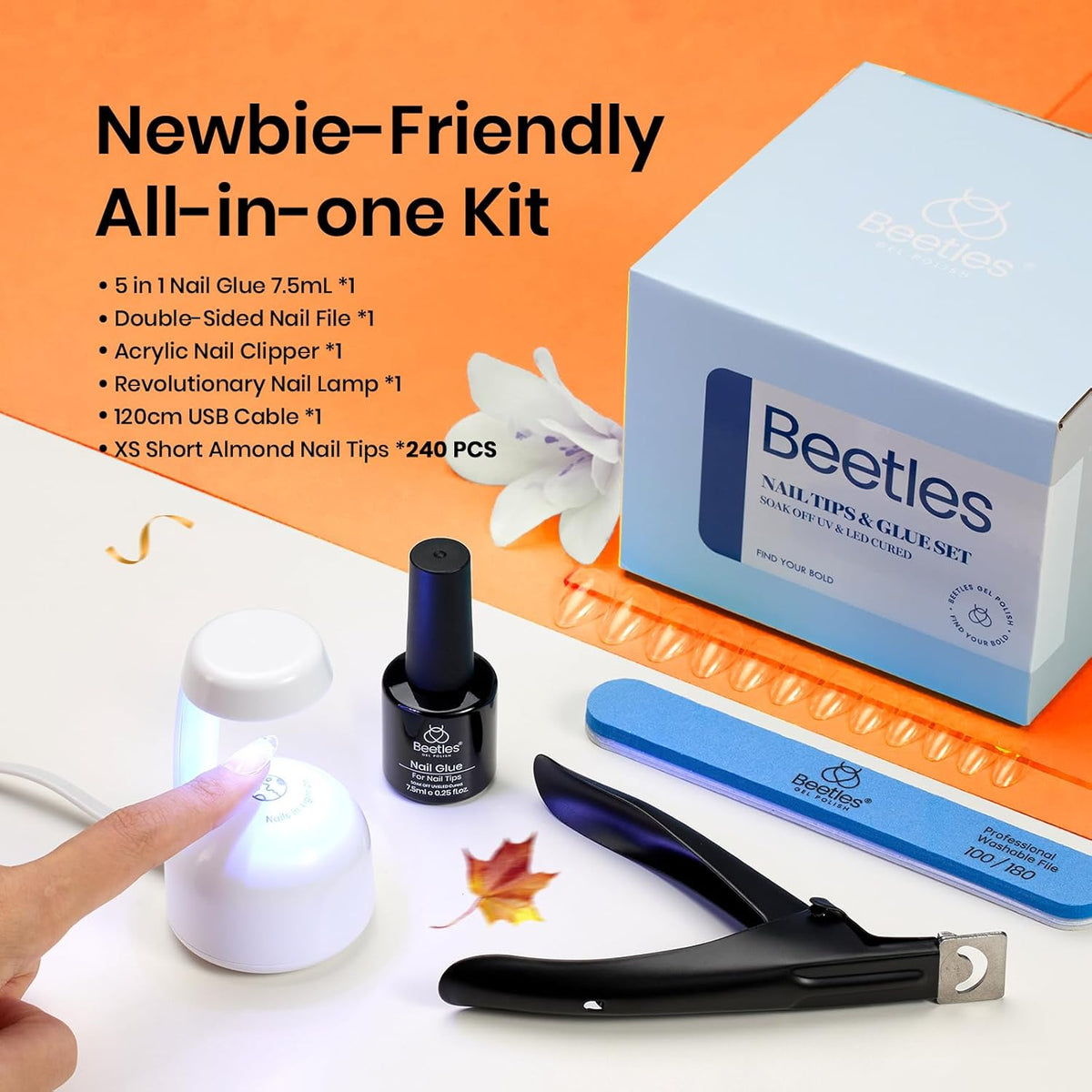 Beetles Gel Nail Kit, Short Almond Nail Tips Easy Extension Set 240 Pcs Pre Shaped Clear Full Cover