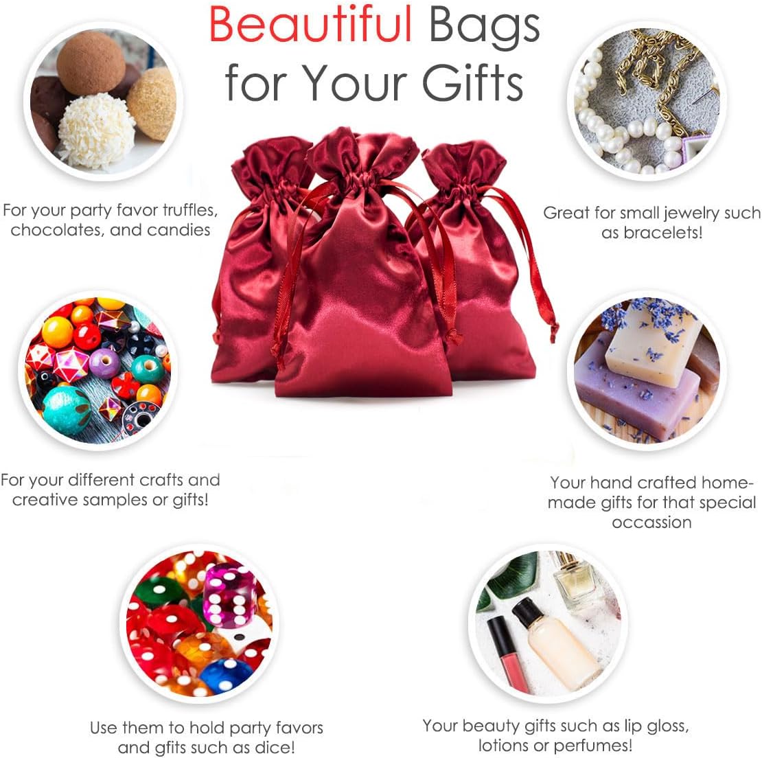 Knitial 5" x 8" Burgundy Satin Gift Bags, Jewelry, Wedding Favor Drawstring Bags Baby Shower