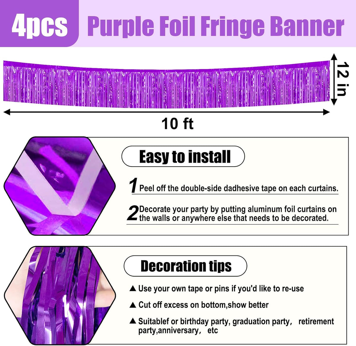 4 Pack 10 Feet Purple Foil Fringe Garland Metallic Tinsel Streamers Banner Wall Hanging Curtain