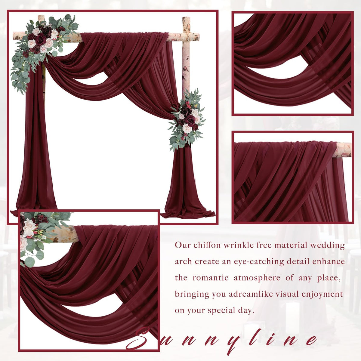 20Ft Length x 28" Width Wedding Arch Draping Fabric 2 Panels Burgundy Arch Drapes Chiffon Fabric
